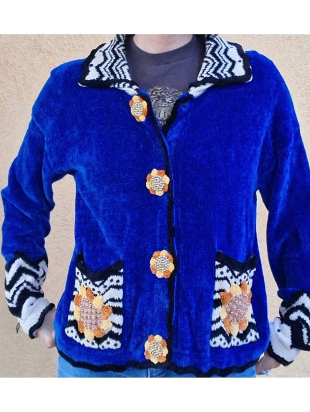 90s CACHE Blue Chenille Sunflower Beaded Granny Core Cardigan Sweater Rare